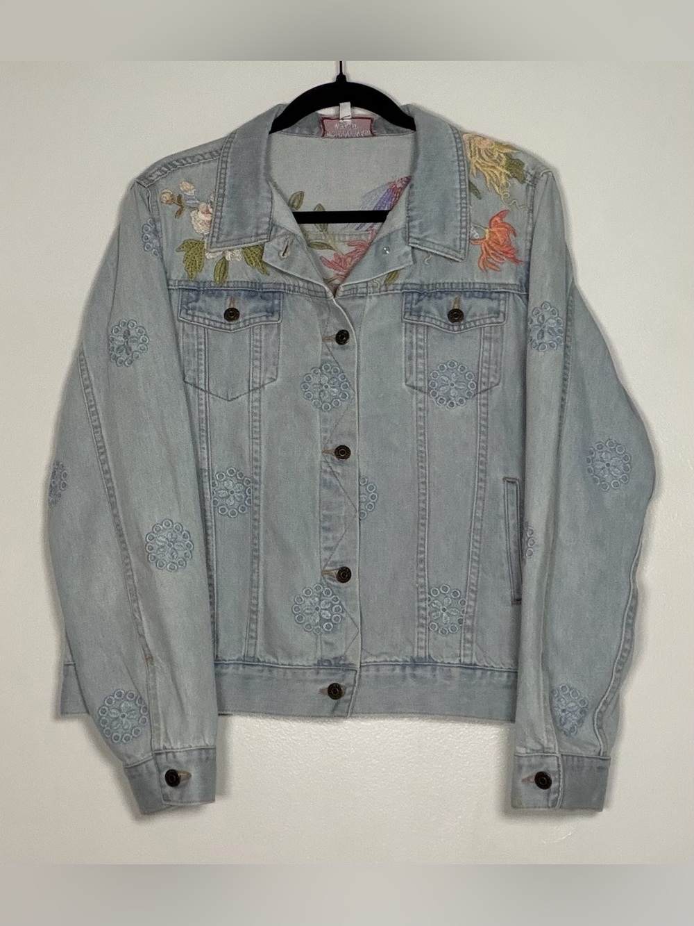Johnny Was Light Blue Embroidered Denim Jacket with Floral Accents